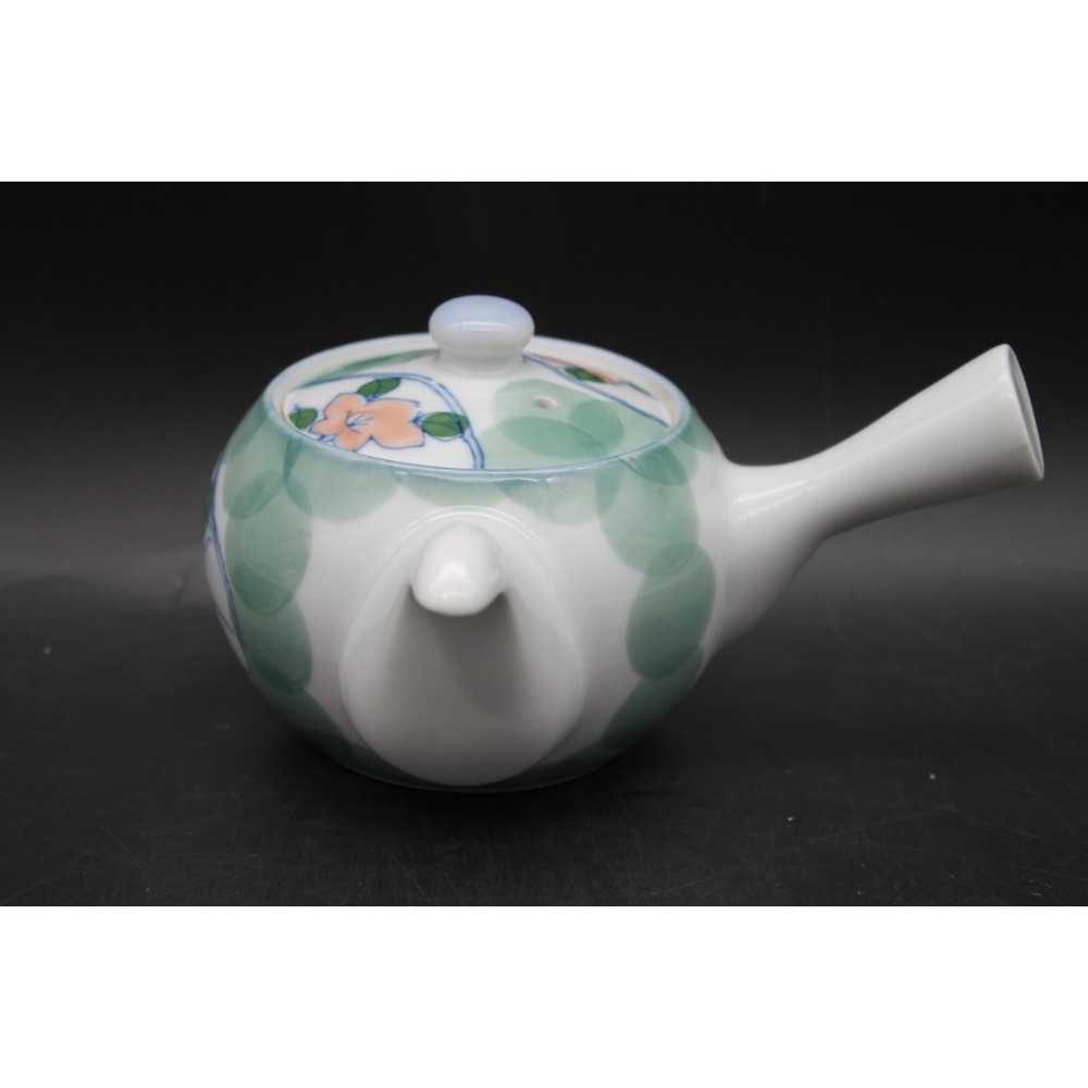 Kenzan Japanese Kyusu Side Handle Porcelain Teapot Green Floral Metal Strainer